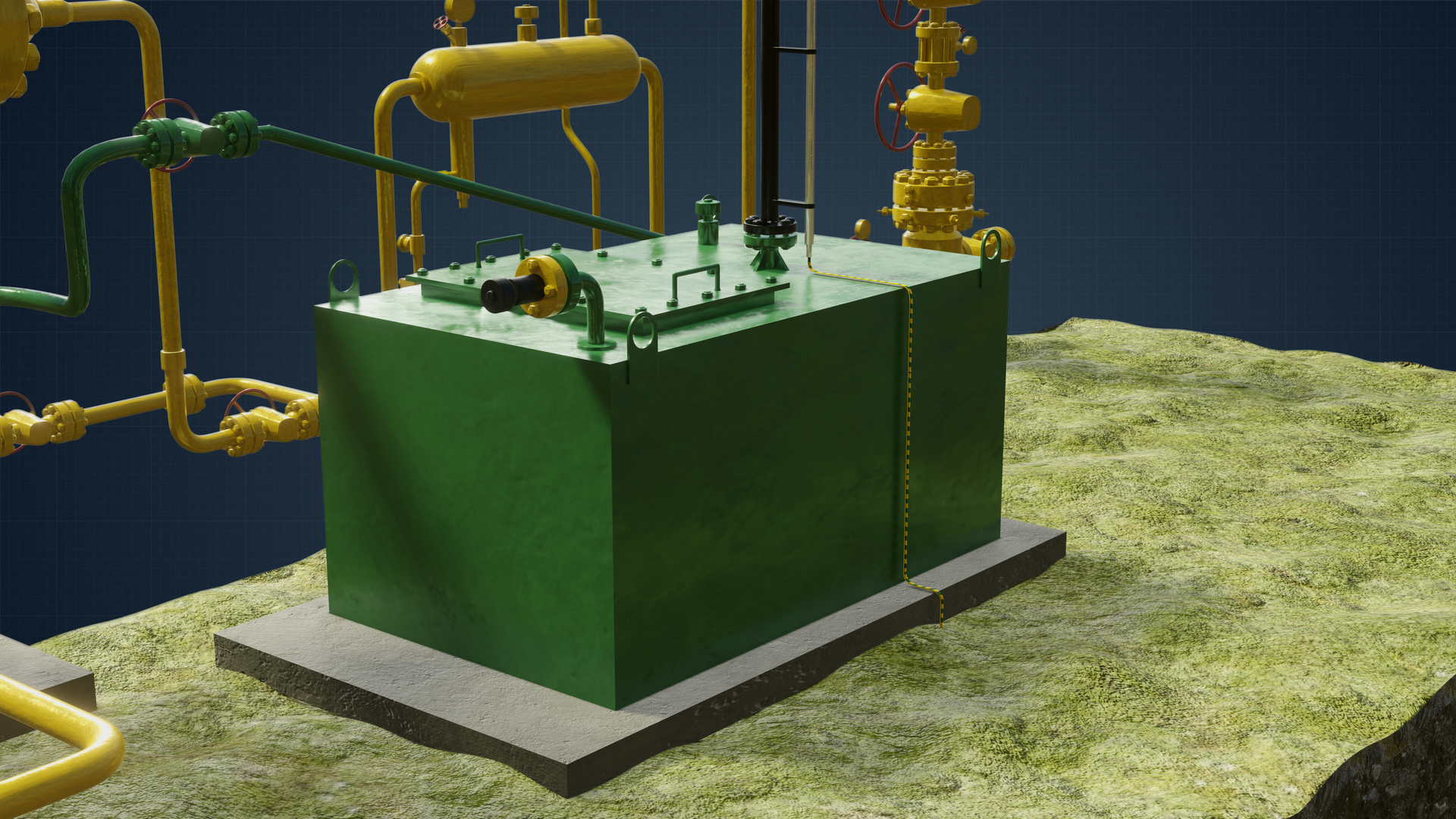 Na rysunku znajduje się animowany model fragmentu układu znajdującego się za głowicą eksploatacyjną odwiertu samoczynnego. Głowica eksploatacyjna to urządzenie montowane na powierzchni terenu przy wylocie odwiertu, w celu jego zamknięcia. Przedstawione urządzenia są wykonane ze stali. Na pierwszym planie widać skrzynię płynu złożowego która jest w kolorze zielonym. Na górze skrzyni znajduje się fragment pionowej czarnej. Na boku skrzyni znajdującym się bliżej ekranu umiejscowiona jest rura kolanko. Rura zakończona jest połączeniem kołnierzowym za którym zamontowana jest czarna walcowata wypustka. Jest to połączenie szybkozłączne typu Camlock, które wykorzystywane jest do zatankowania cysterny. Z prawej strony za skrzynią widać fragment głowicy eksploatacyjnej. Z lewej strony, za skrzynią, znajduje się dawkownik od którego biegną pionowo w dół dwie rurye. Dawkownik jest to stalowe urządzenie w kształcie zaokrąglonego na końcu walca. Dawkownik wykorzystywany jest w celu chwilowego zapobieżenia powstania hydratów czyli nietrwałych związków wody w postaci ciekłej z gazem w formie korków. Dlatego na drodze pomiędzy odwiertem a separatorem. Do strumienia gazu dawkowany jest metanol. Nad dawkownikiem znajduje się okrągły wskaźnik.