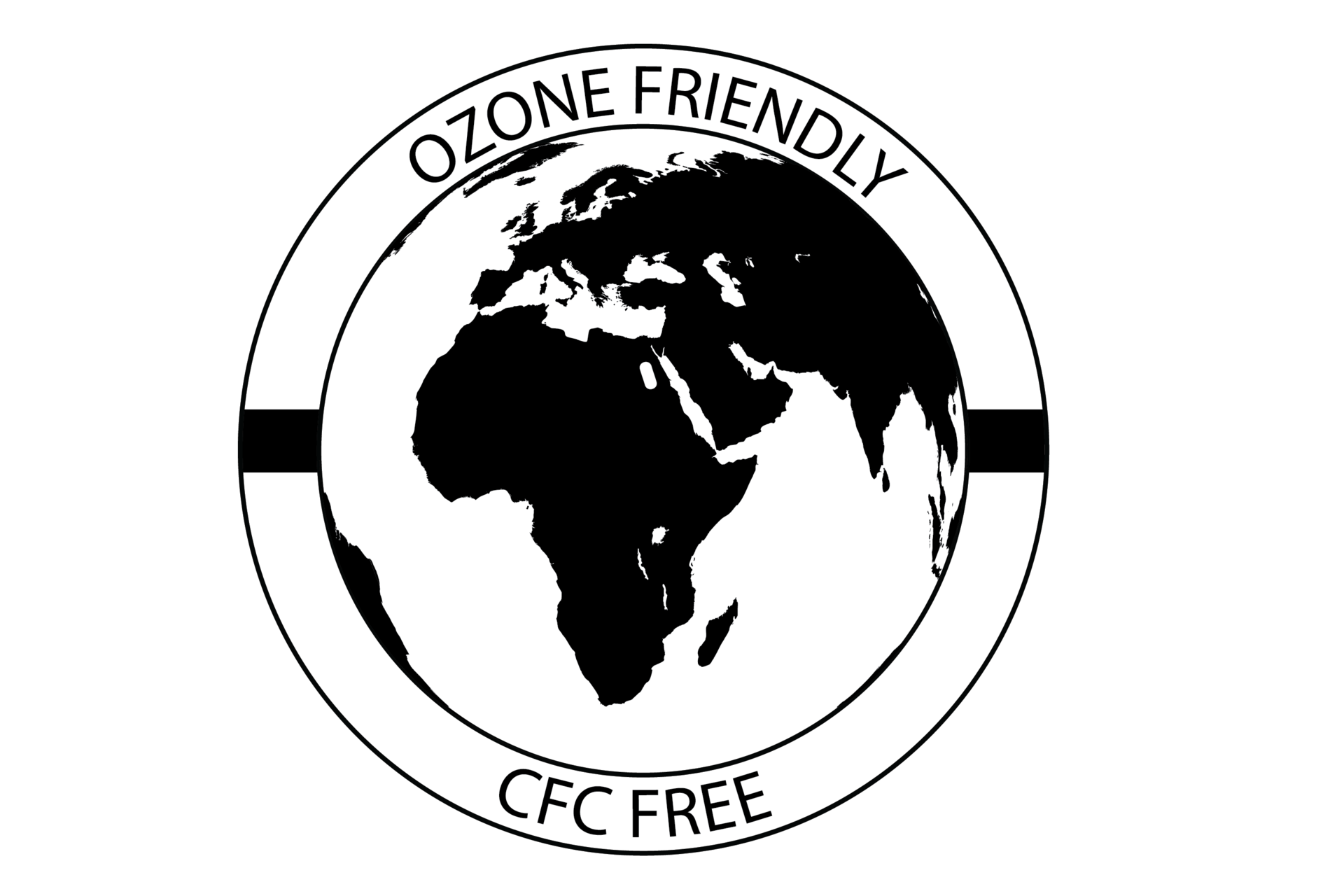 Okrągły znak umieszczany na produktach – przyjazny dla ozonu. W środku widoczny fragment kuli Ziemskiej z Afryką i Europą, na obwódce znaku napis Ozone Friendly.