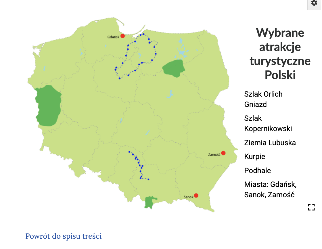 Grafika przedstawia widok interaktywnej mapy Polski. Widoczna jest zielona mapa Polski z zaznaczonymi obszarami, szlakami i miastami. Po prawej stronie znajduje się menu boczne mapy.