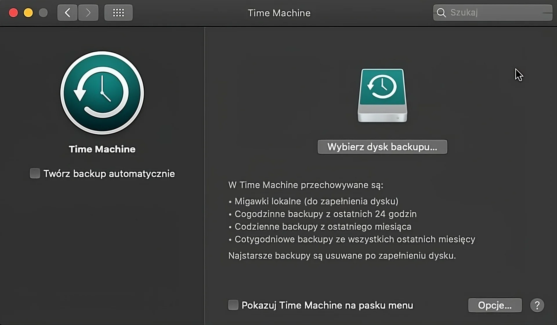 Ilustracja przedstawia okno narzędzia Time Machine w systemie operacyjnym MacOS. Po lewej stronie znajduje się checkbox z podpisem Twórz backup automatycznie, natomiast po prawej stronie znajduje się przycisk Wybierz dysk backupu.
