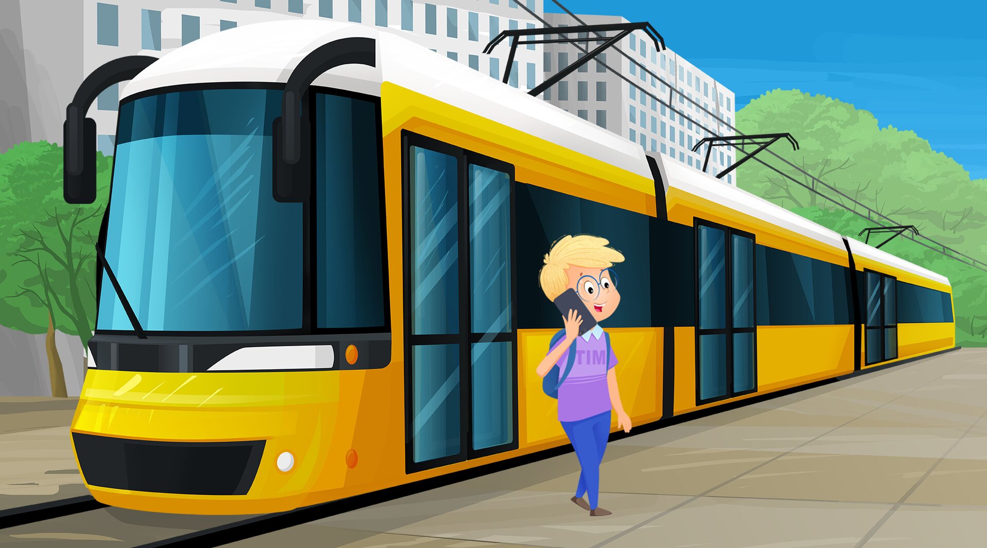 Na ilustracji znajduje się chłopiec wysiadający z pociągu