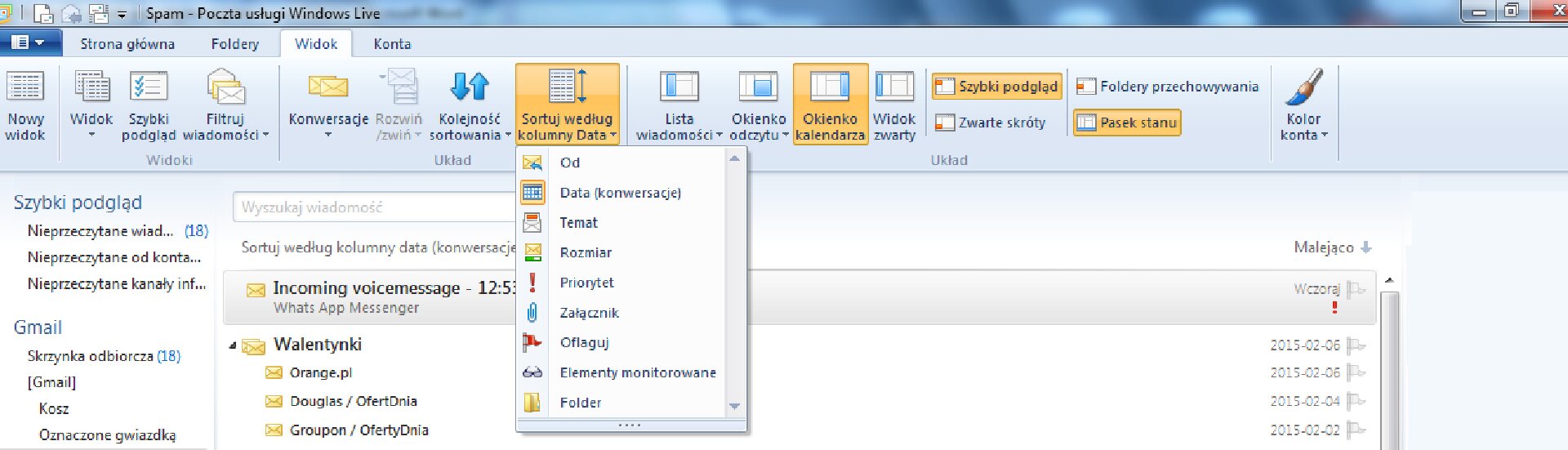 Ilustracja możliwości sortowania poczty w programie Windows Live