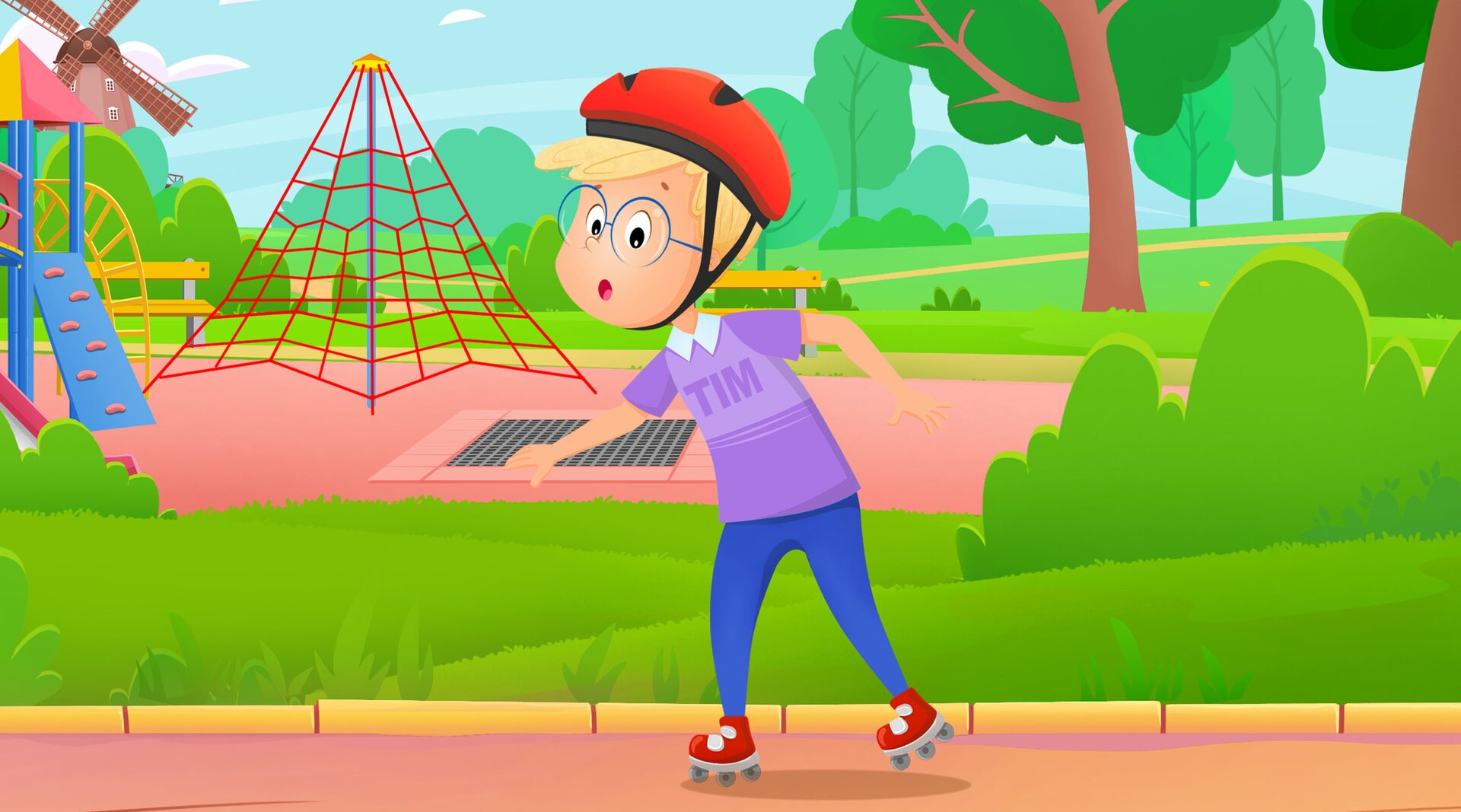 Na ilustracji znajduje się chłopiec jeżdżący na rolkach.