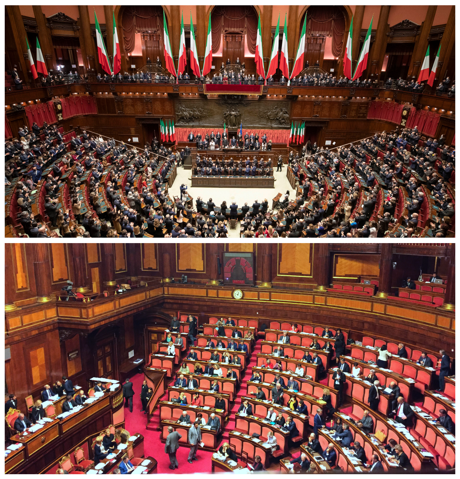 Ilustracja składa się z dwóch zdjęć. Zdjęcie na górze przedstawia  w szerokiej perspektywie wnętrze Izby Deputowanych we Włoszech. W ławach wokoło zasiadają deputowani. W górnych rzędach widocznych jest wiele włoskich flag. Zdjęcie na dole przedstawia wnętrze Senatu Republiki Włoskiej. W ławach wokoło zasiadają senatorowie.