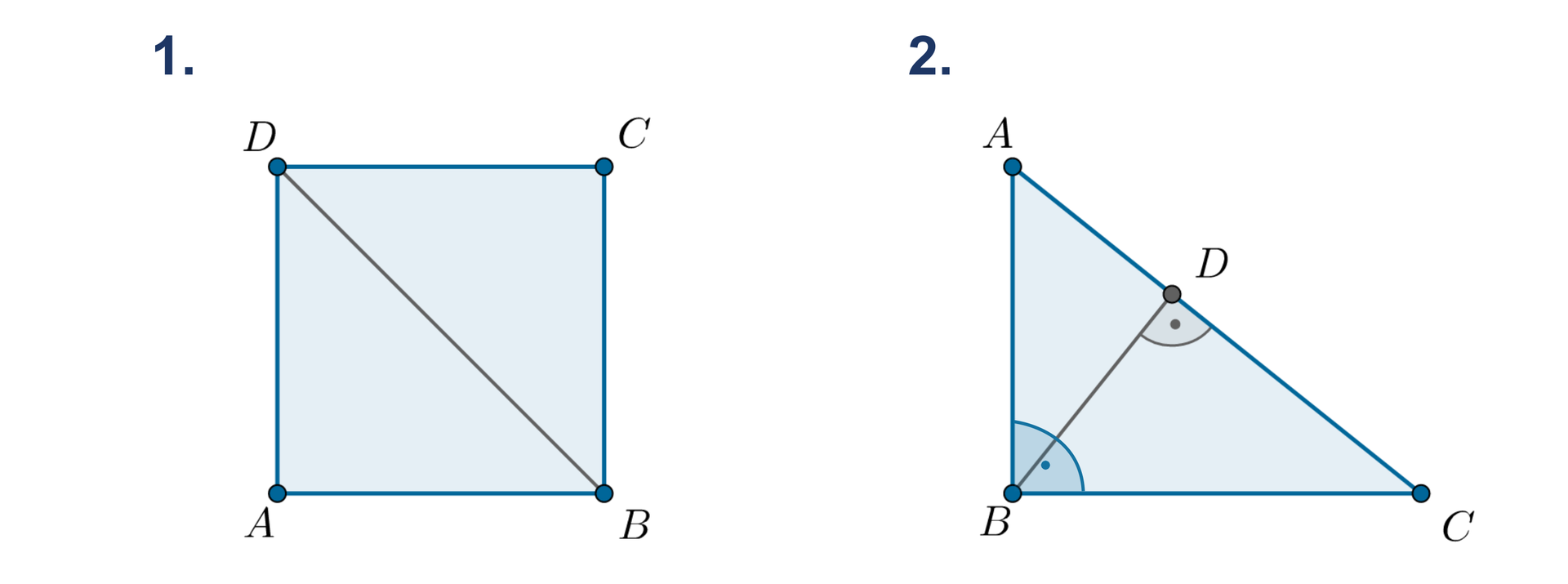 Rysunek kwadratu A B C D i rysunek trójkąta prostokątnego A B C. W kwadracie A B C D poprowadzona przekątna BD. W trójkącie A B C poprowadzona z kąta prostego wysokość BD leży na przeciwprostokątnej AC.