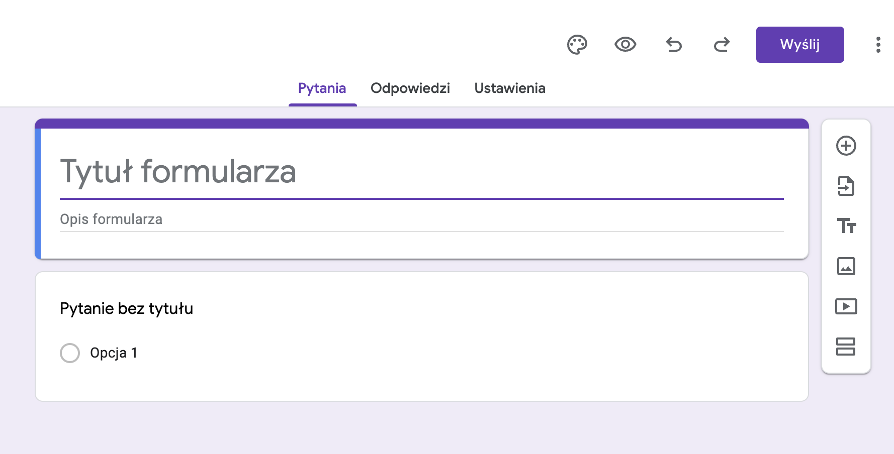 Ilustracja przedstawia tworzenie formularza. Na środku widnieje pole do wpisania Tytuł formularza, pod nią znajduje się opis formularza.