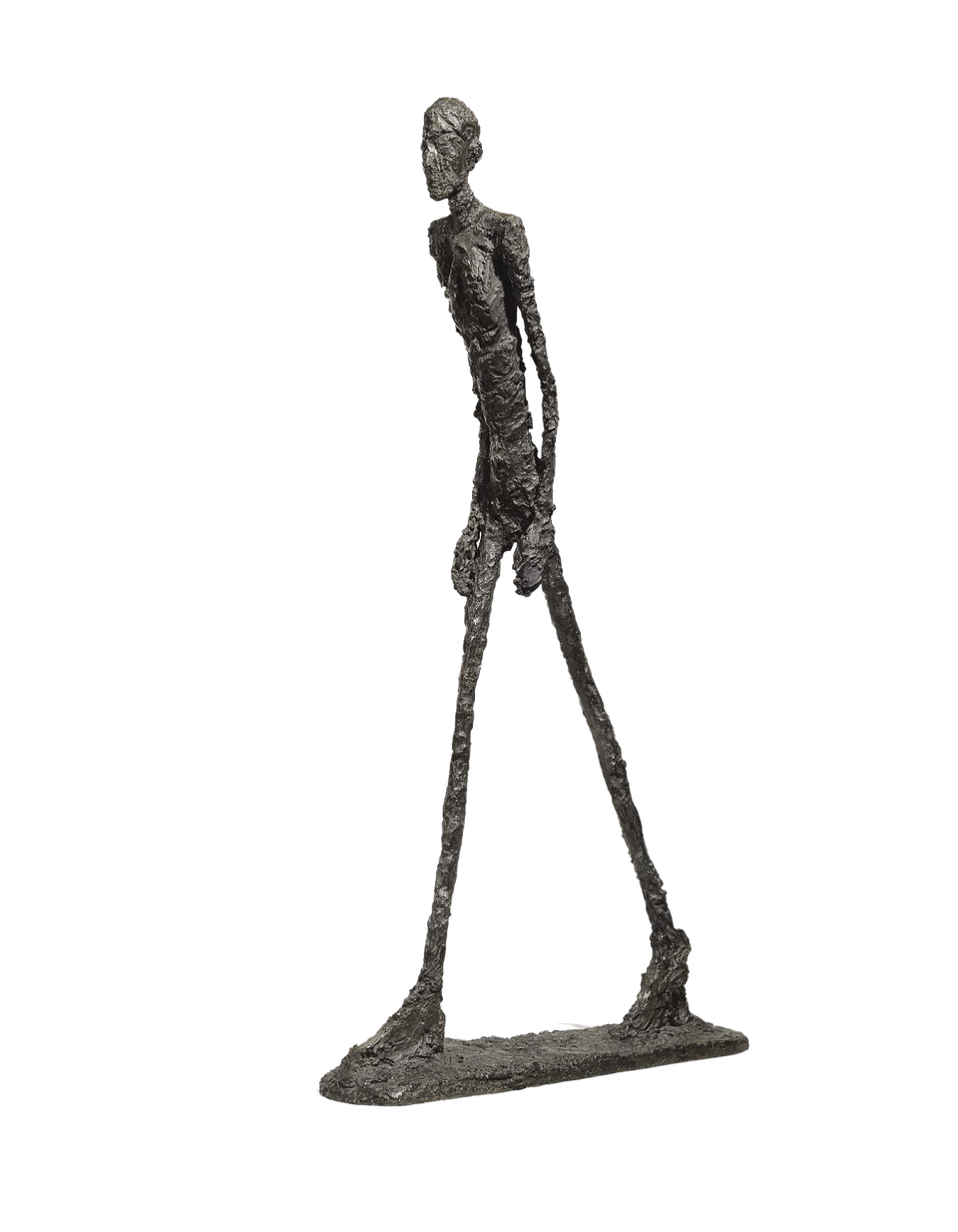 Rzeźba przedstawia ona wychudzoną postać mężczyzny, który jest w pozycji ruchomej- idącej. Postać ma ręce wzdłuż ciała, jego postawa jest lekko pochylona w przód. Stopy postaci łączą się z masywnym podłożem.
