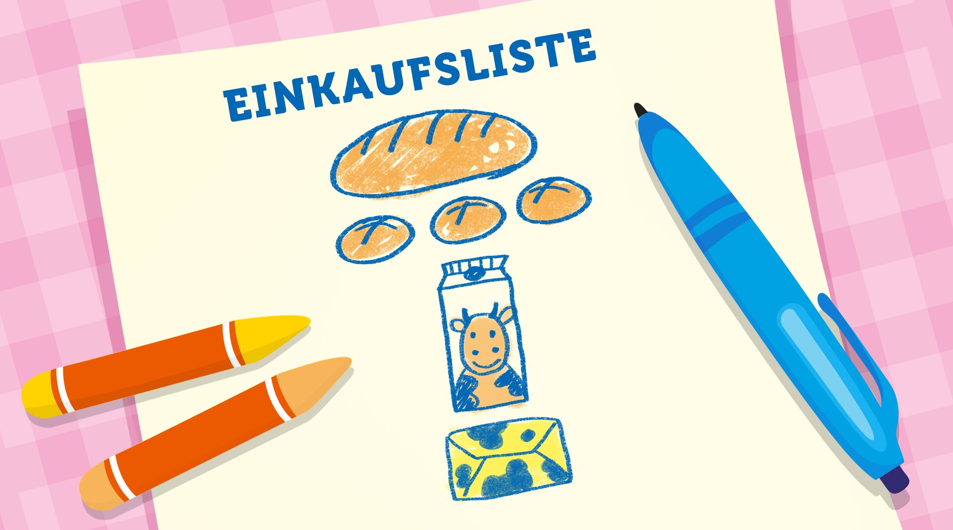 Ilustracja przedstawia listę zakupów. Narysowano na niej chleb, trzy bułki, karton mleka i kostkę masła. 