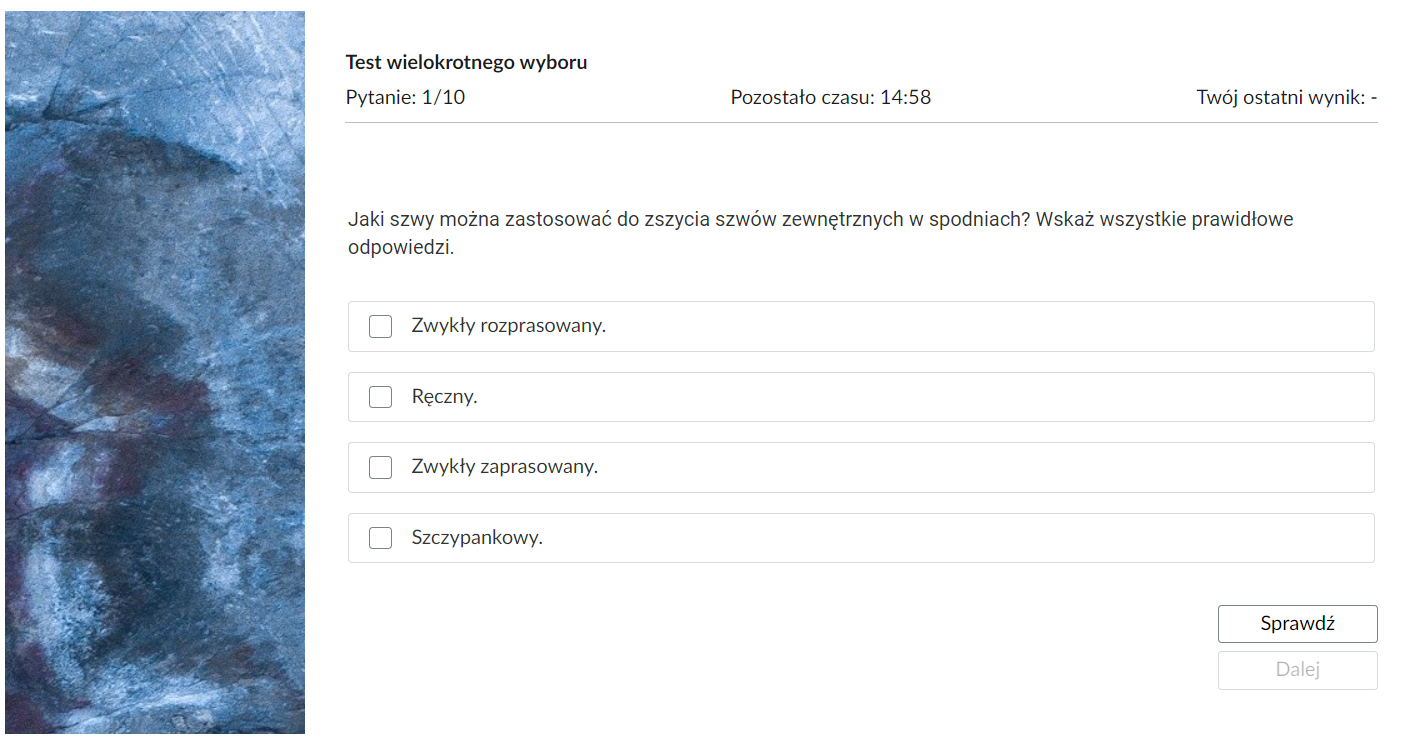 Grafika przedstawia przykładowy ekran pytania testowego. W górnej części ekranu widoczny jest tytuł testu, numer pytania, pozostały czas oraz twój ostatni wynik. Poniżej jest treść zadania z odpowiedziami do wyboru. W dolnej części przyciski sprawdź oraz dalej.