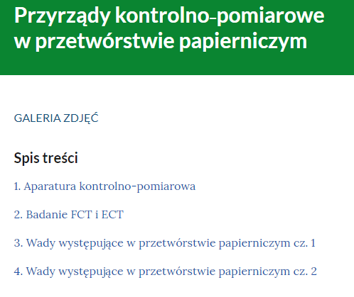Zdjęcie przedstawia spis treści galerii. Składa się z czterech punktów i jest zatytułowana "Przyrządy kontrolno‑pomiarowe w przetwórstwie papierniczym".